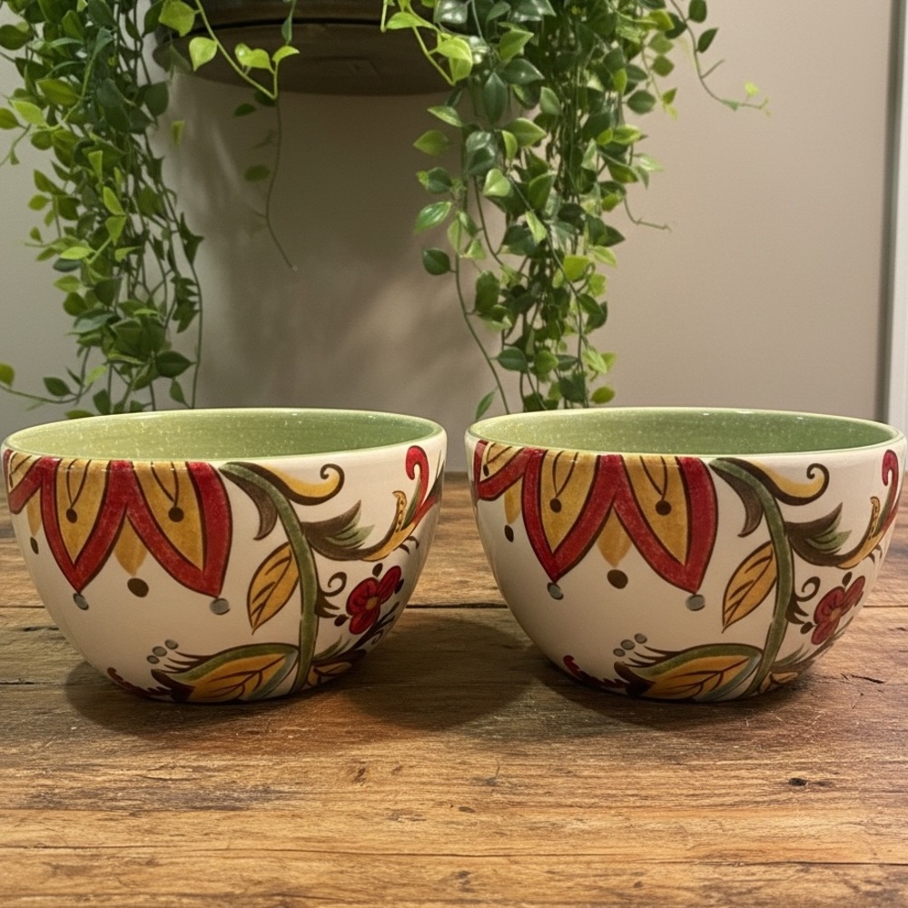 PIER 1 (TWO) Earthenware Soup Cereal Bowls 6" CARYNTHUM Floral Green Yellow Red